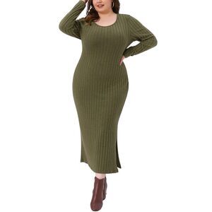 Plus Size Ribbed Knit Side Slit Crew Neck Casual Bodycon Maxi Dress Army Green